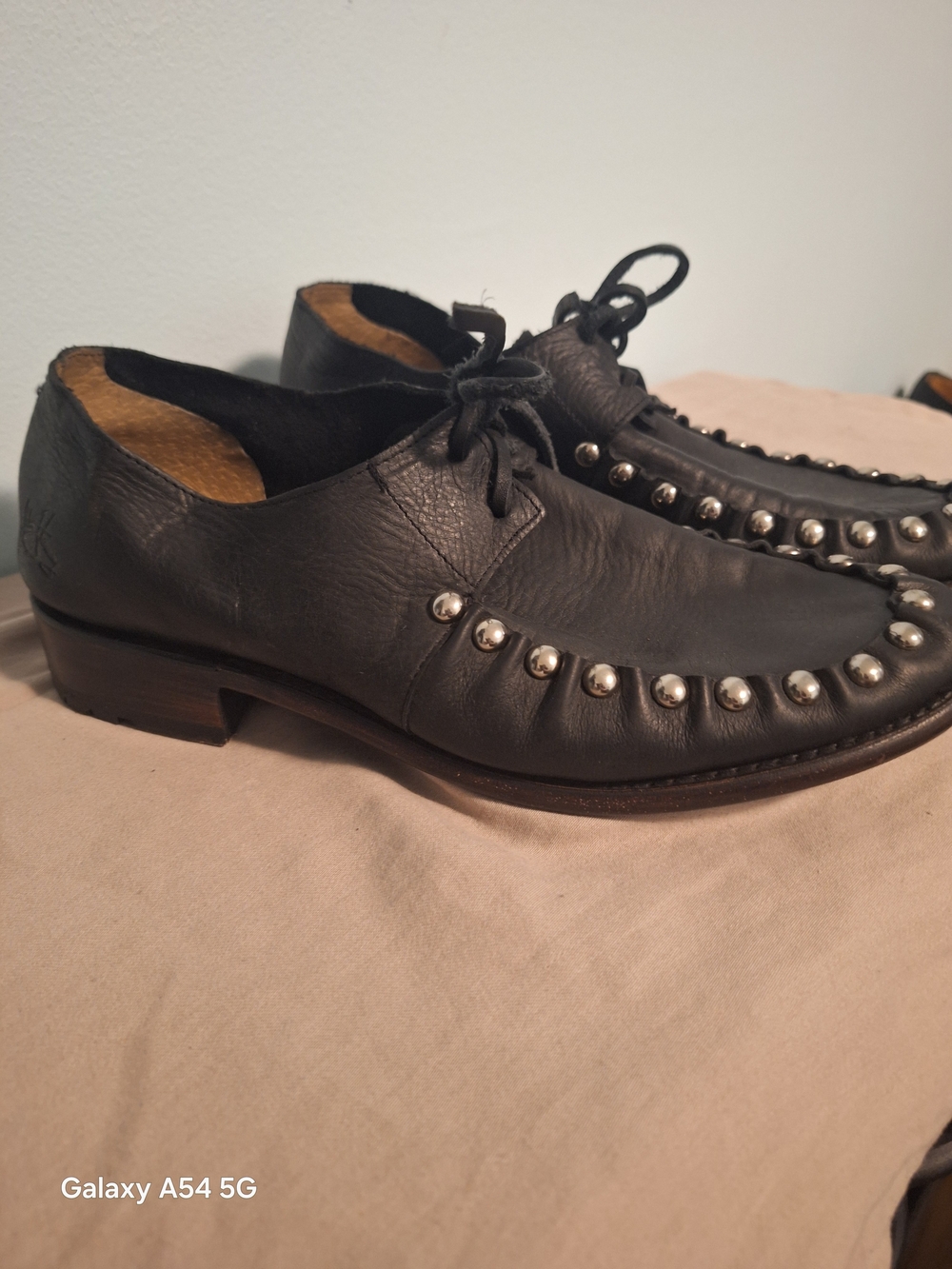 John Fluevog Black Leather Studded Lace-Up Loafers